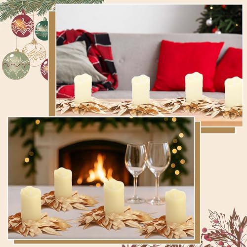 Domensi Gold Bay Leaf Candle Rings Set - 4 Pcs, 3.9 Inch Diameter Christmas Wreaths