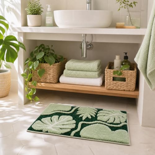 Green Bathroom Rug 16x24 Monstera Leaf Non-Slip Microfiber Bath Mat - Absorbent & Quick Dry