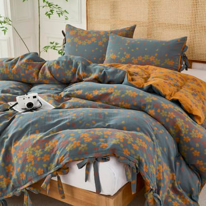 Vintage Cottage Botanical Muslin Bedding Queen Set with Pillowcases - Orange, Yellow, Blue - 3 Pieces