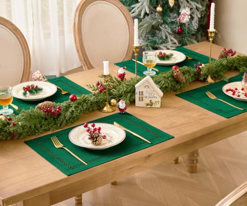 Green Burlap Place Mats Set of 8, 12 x 18 Inch Christmas Table Decor