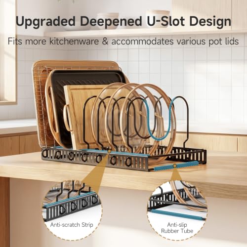 MUDEELA Pot Lid Organizer for Cabinet - Adjustable Baking Pan Rack 7 Slots - 7 Dividers