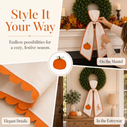 Medium Halloween Wreath Sash Decor with Embroidered Pumpkin & Initial - Fall Seasonal Accent