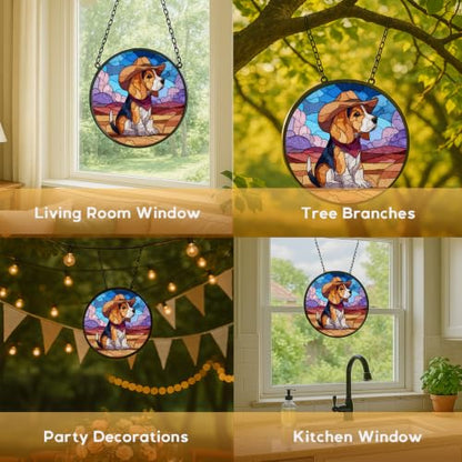 6.3 Inch Beagle Dog Cowboy Hat Stained Glass Window Hanging Sun Catcher - Indoor Decor