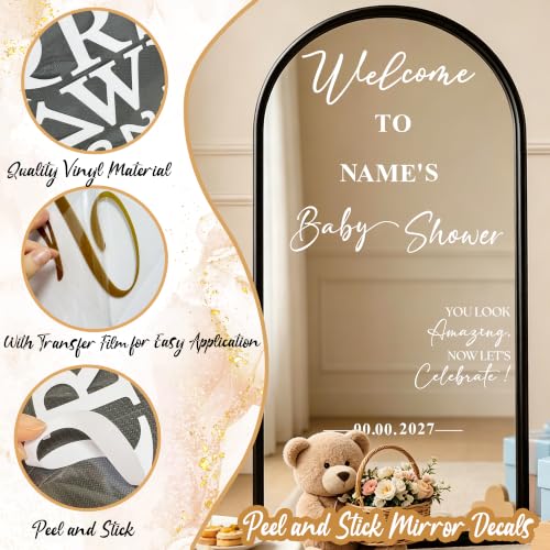 White Baby Shower Welcome Mirror Sign Decal - Custom Name Oh Baby Vinyl Lettering