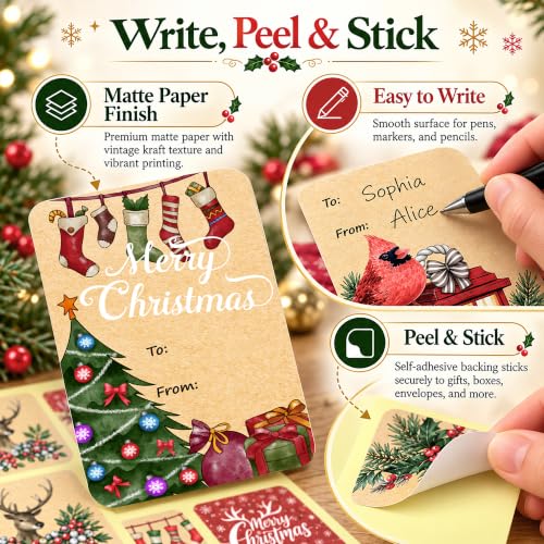 Christmas New Self Adhesive Gift Tag Stickers - 120 Pieces, 8 Designs