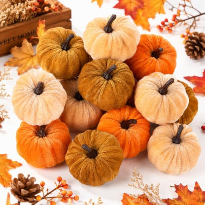 Mini Velvet Artificial Pumpkins Set for Fall Decor - 12 Pcs, 2 Sizes, Harvest Halloween Thanksgiving