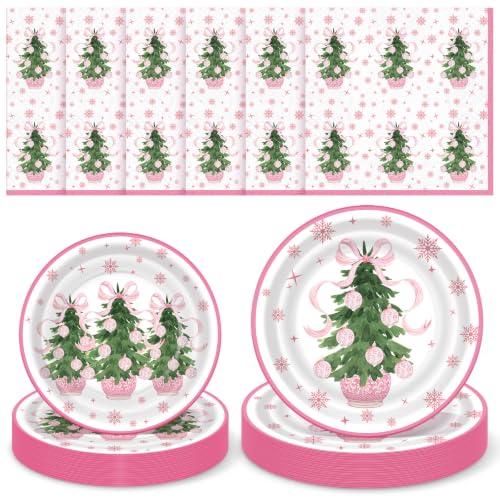 Pink Potted Plant Christmas Party Plates & Napkin Set - Coquette Variation