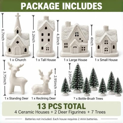 Indoor Christmas Village Set - 13 Piece White Holiday Scene with Houses and Decor