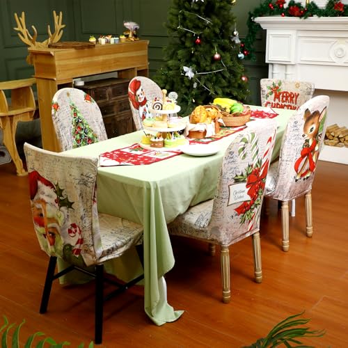 Wood Merry Christmas Chair Covers Set of 6 - Holiday Santa Snowman Elk