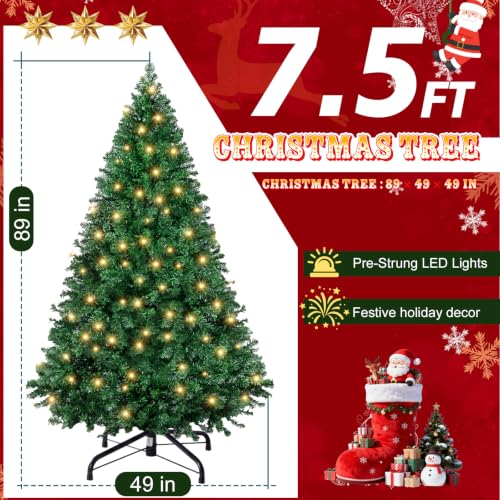 Pre-Lit Artificial Christmas Tree 7.5 Ft Green with Light - 8 Modes, Full Tips