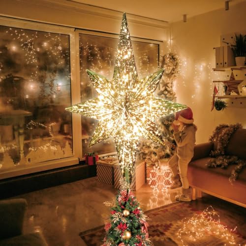 Golden Bethlehem Star Tree Topper with 10 LED Lights - Festive Christmas Decor