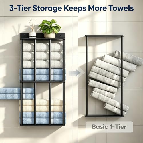 Modern Black 3-Tier Wall Mounted Towel Rack with Wooden Shelf - Bathroom Organizer