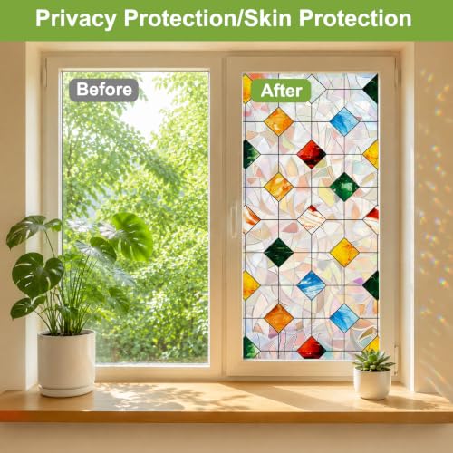 3D Stained Glass Window Privacy Film No‑Glue Static Cling with Installation Tools - Square Gem 17.5 x 78.7 Inch