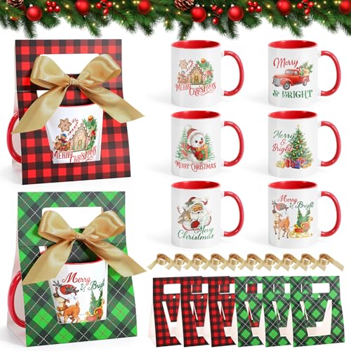 Christmas Coffee Mugs with Gift Boxes - Red Green Watercolor Set of 12
