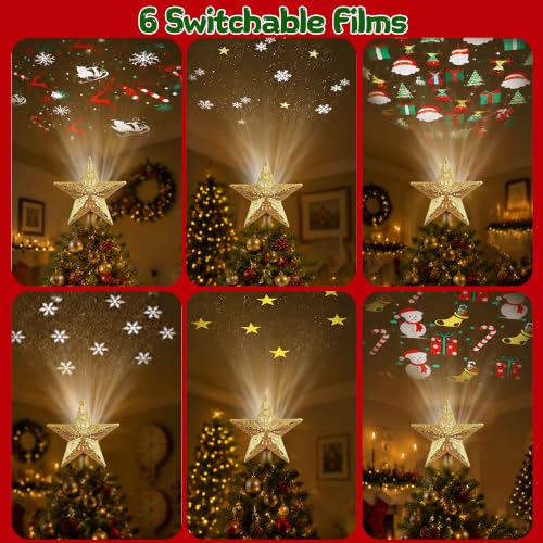 Gold Christmas Star Tree Topper with LED Projector, 6 Projection Modes