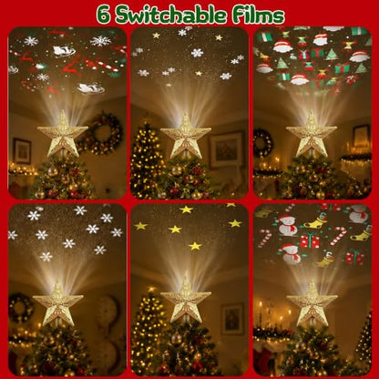 Gold Christmas Star Tree Topper with LED Projector, 6 Projection Modes