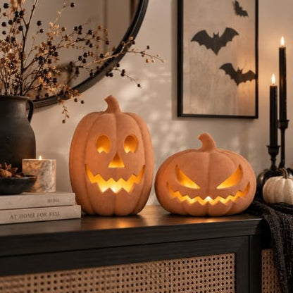 Orange Pumpkin Decor Set - 2 Terracotta Jack O Lanterns for Halloween Indoor & Outdoor
