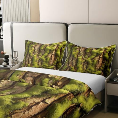 Tree Bark Duvet Cover Set Twin Size Cotton Woodland Bedding - Green Yellow Variation