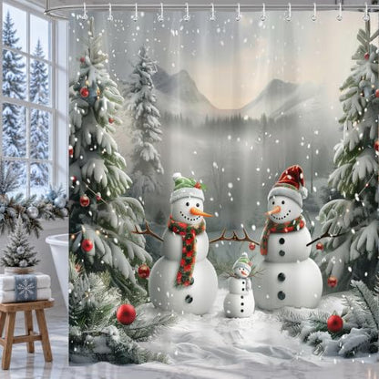 Winter Snowman Shower Curtain - 72x72 Inch Holiday Bathroom Decor with 12 Hooks - Snowman Design, Waterproof Polyester