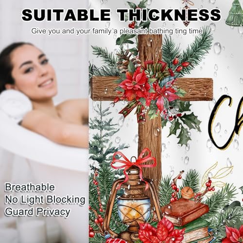 Christmas Shower Curtain with Cross and Pine Branches - 72x72 Inch Waterproof Bathroom Decor