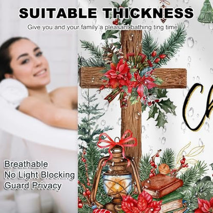 Christmas Shower Curtain with Cross and Pine Branches - 72x72 Inch Waterproof Bathroom Decor