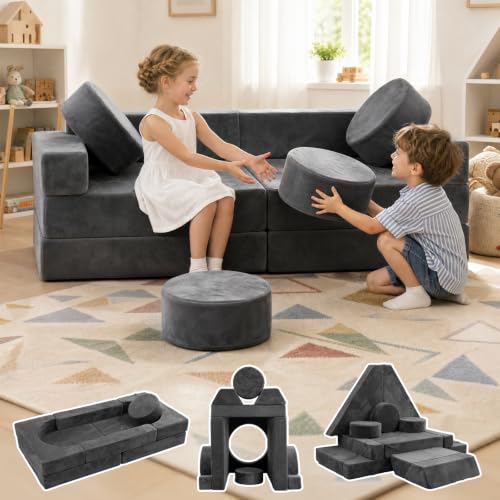 Modular Kids Play Couch Set - Dark Grey, 14.7x32.4x55.1 Inches, 16 Pieces