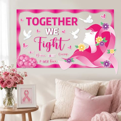 Breast Cancer Awareness Bulletin Board Decor Set Pink Ribbon & Cutouts