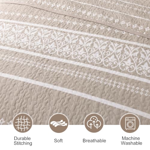 Boho King Quilt Set 100% Cotton Bedding with Pillow Shams - Beige