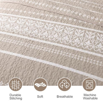 Boho King Quilt Set 100% Cotton Bedding with Pillow Shams - Beige