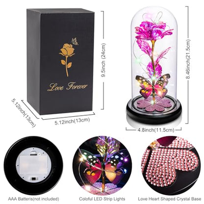 Pink Forever Glass Rose Gift with Butterfly & Heart Crystals - Birthday Gift for Women, Mom, Grandma, Wife, Girlfriend - D Pink