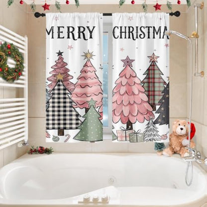 Pink Christmas Shower Curtain Set - Bathroom Decor with Window Curtains 72x72 Inches