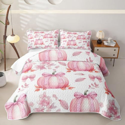 Pink Pumpkin Quilt Set - Full Romantic Plaid Bed Cover with Bow Knot - Pink Yellow White