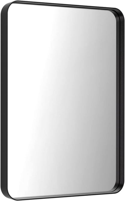 LOAAO Black Metal Framed Bathroom Mirror - 22x30 Inch Rounded Rectangle, Anti-Rust, Versatile Hanging Options
