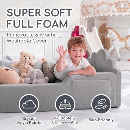 Grey Toddler Floor Bed No Assembly Soft Foam Frame Removable Cover