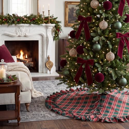 Blueweenly Green Red Plaid Ruffled Christmas Tree Skirt 36 Inch - Holiday Decor