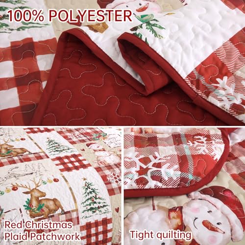 Christmas Quilt Set Queen Size 3-Piece Bedspread Bedding with Reindeer Snowman Pattern - Red & Green
