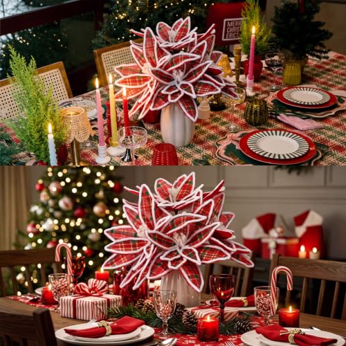 Red Plaid 12 Pcs 12'' Christmas Poinsettia Artificial Flowers - Flocked