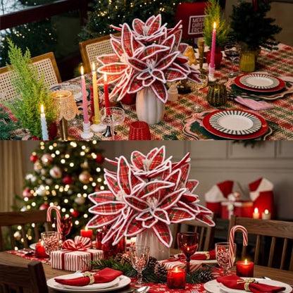 Red Plaid 12 Pcs 12'' Christmas Poinsettia Artificial Flowers - Flocked