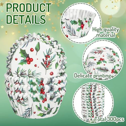 Christmas Cupcake Liners Holly Print Watercolor Bakeware Holders 300pcs