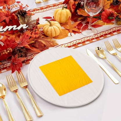 Fall Embossed Pumpkin Paper Napkins for Thanksgiving Harvest Tableware - 120 Pack, Orange, Yellow, Brown