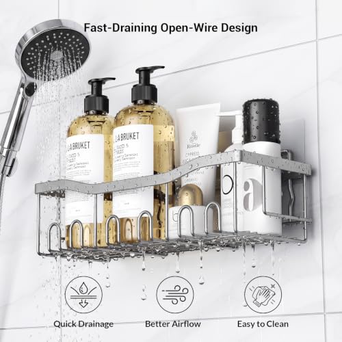 Brushed Stainless Steel Shower Caddy Adhesive Set - Rustproof Bathroom Organizer with Soap Holders - Silver