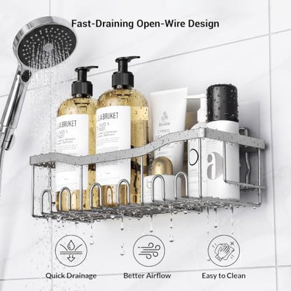 Brushed Stainless Steel Shower Caddy Adhesive Set - Rustproof Bathroom Organizer with Soap Holders - Silver