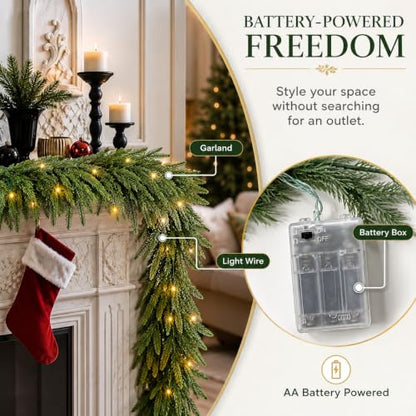 9FT Christmas Norfolk Pine Garland with 20 LED Lights - Real Touch Greenery, Battery Powered
