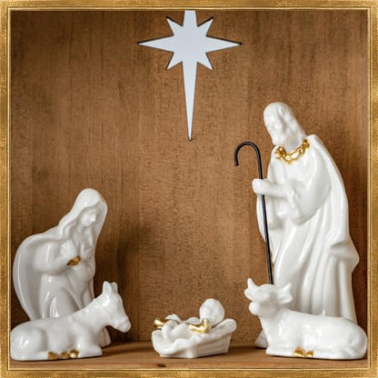 White Ceramic Nativity Set with Wooden Stable - 11 Piece Christmas Scene