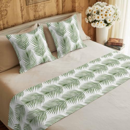 Queen Size Bed Runner with Matching Pillow Covers - Green Palm Leaves 83x20 in Forest