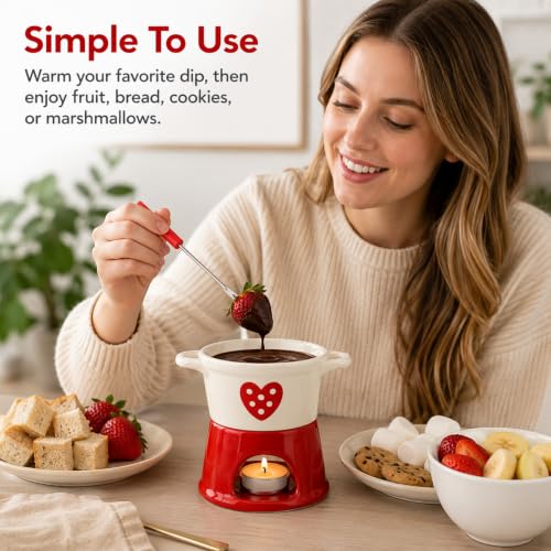 Mini Ceramic Fondue Cup with Fork - Candle Heated Personal Dipping Mug - Style 1