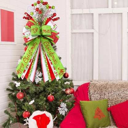 Christmas Tree Topper Bow - Large Red & Green Holiday Decoration, Ball Variation