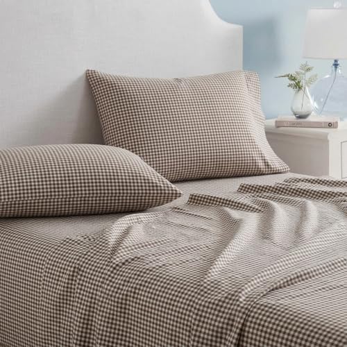 King Cotton Percale Sheet Set with Deep Pocket & Gingham Brown - Martha Stewart