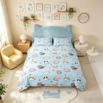 Castle Fairy Kawaii Cat Duvet Cover Set Full Size Blue 80x90 - Cartoon Animal Pet Bedding