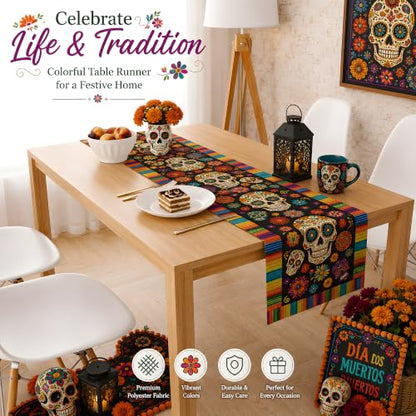 Dia De Los Muertos Decorations - Sugar Skull Day of the Dead Table Runner - Vibrant Mexican Celebration